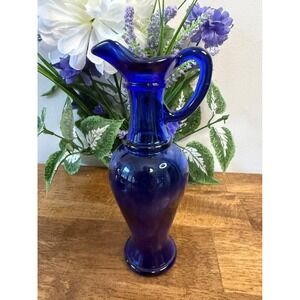 Vintage Avon Cobalt Blue Glass Pitcher Vase – Classic Curved Handle Retro Decor
